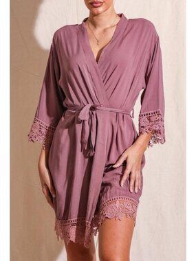 Rosa Mauve Lace Cotton Bridesmaids Robe Bridal or Boudoir Romantic & Feminine